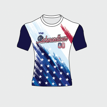 T-shirt with American flag design and branding on a light gray background