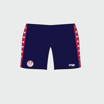 Navy blue shorts with red and white star accents on a light gray background