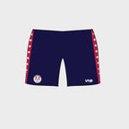 Navy blue shorts with red and white star accents on a light gray background
