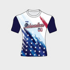 T-shirt with American flag design and branding on a light gray background