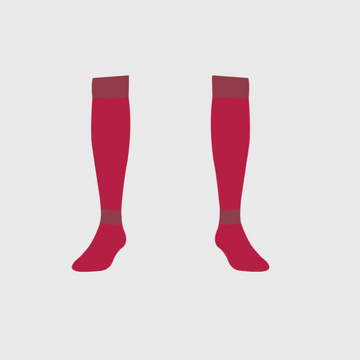 Pair of red knee-high socks with gray accents on a white background