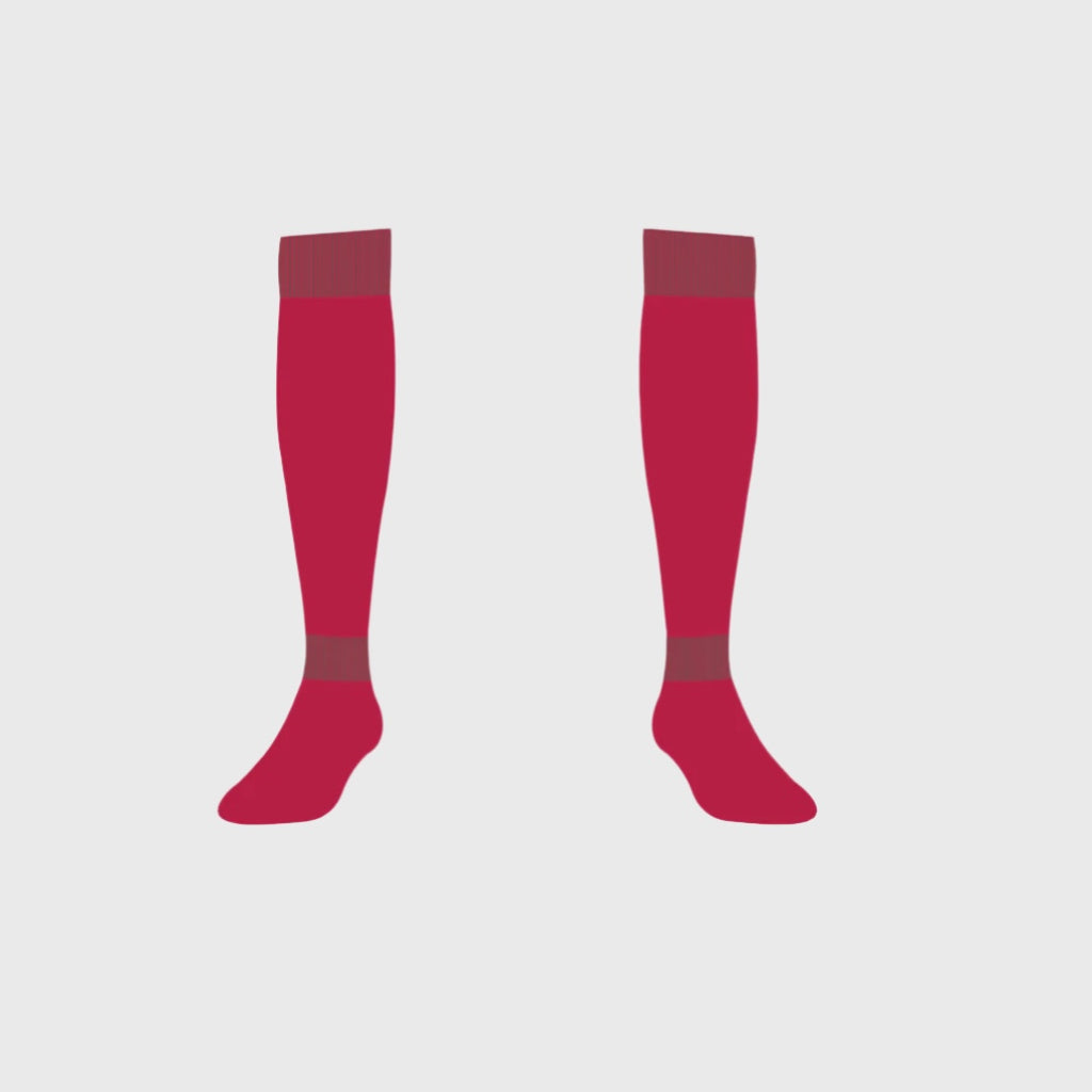 Pair of red knee-high socks with gray accents on a white background