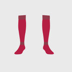 Pair of red knee-high socks with gray accents on a white background
