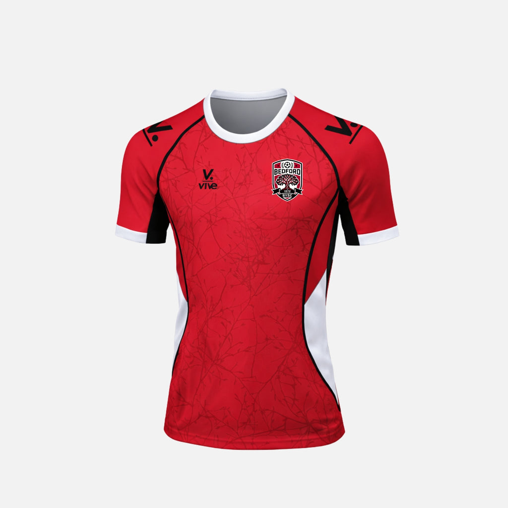 Red sports jersey with black accents on a white background