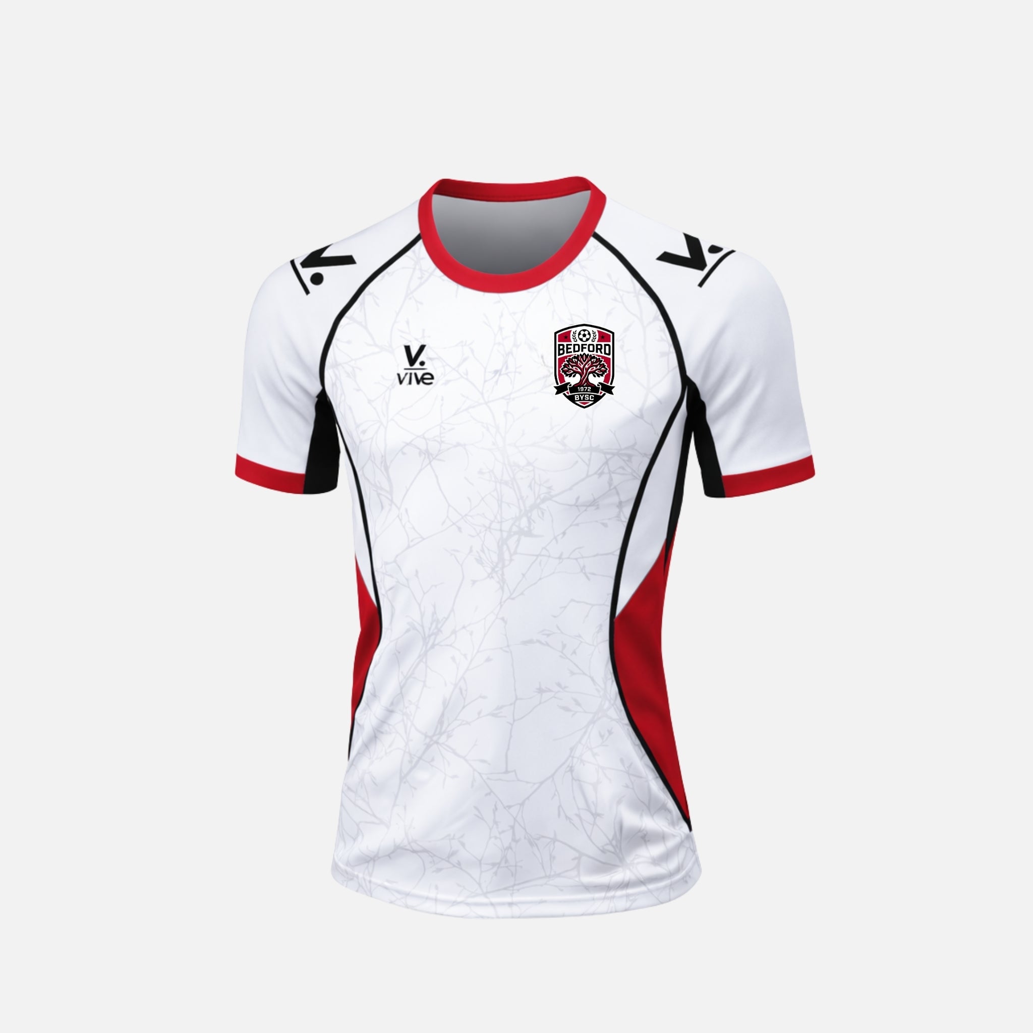 White sports jersey with red and black accents on a white background