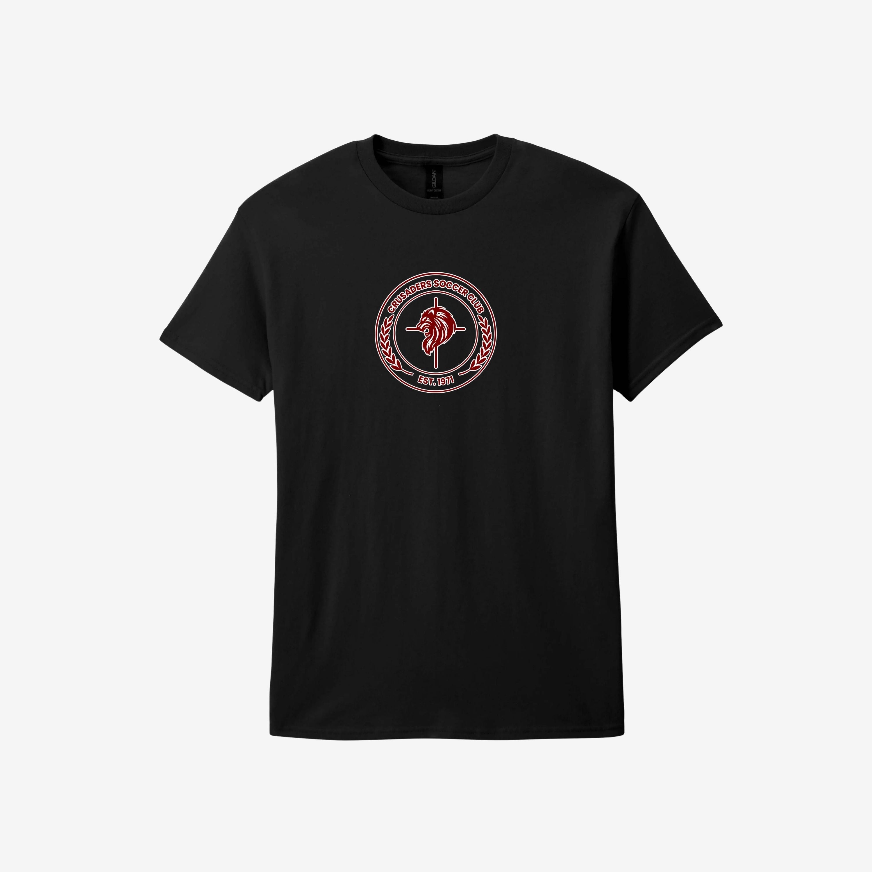 black t shirt with maroon logo 