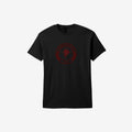 black tee shirt with maroon logo