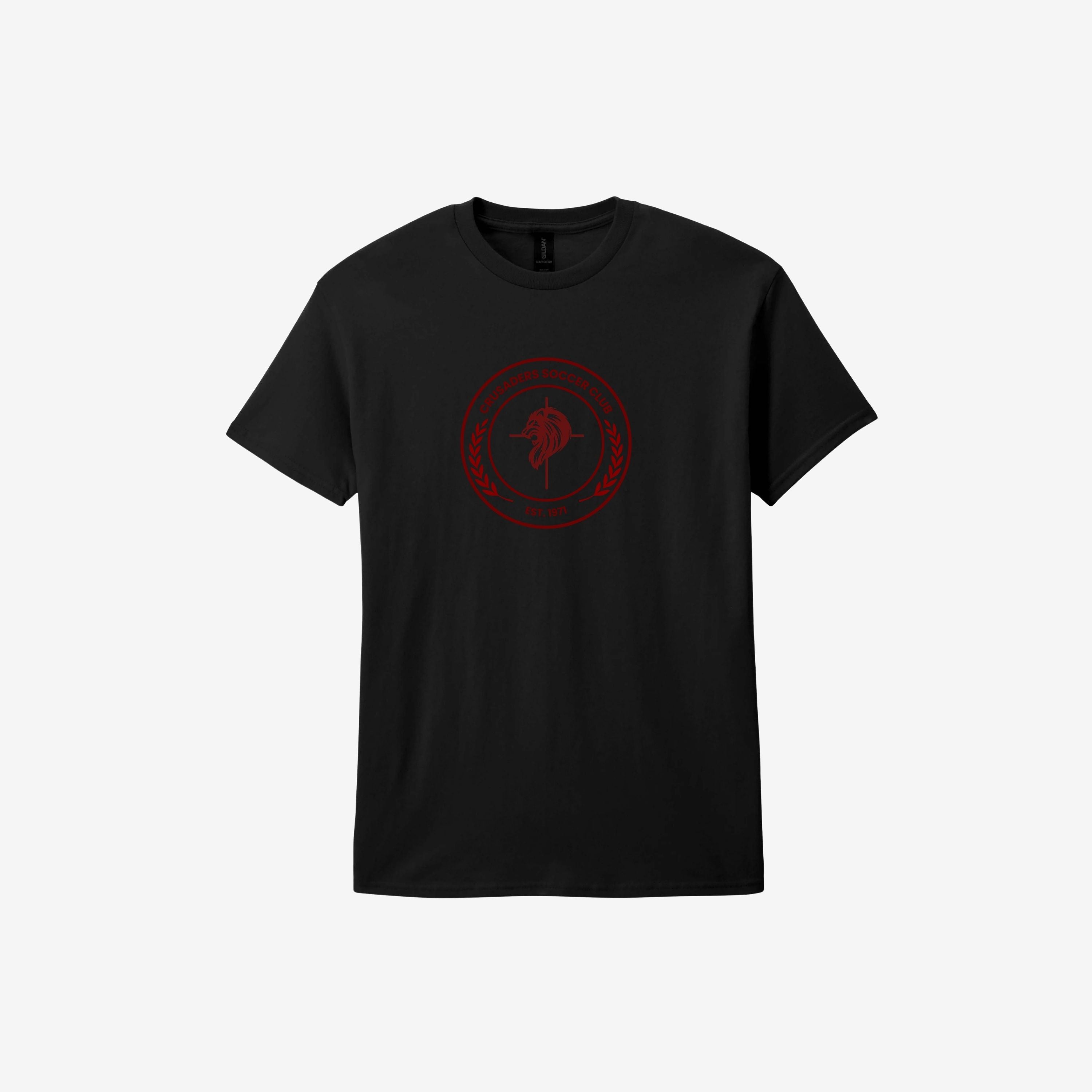 black tee shirt with maroon logo