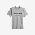 grey tee shirt with maroon writing 