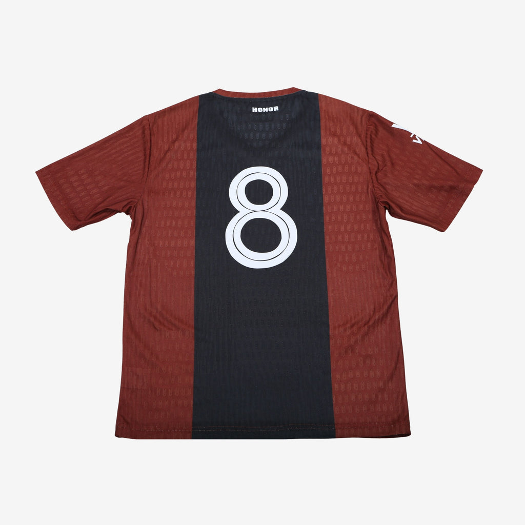 back view of maroon jersey with black strip