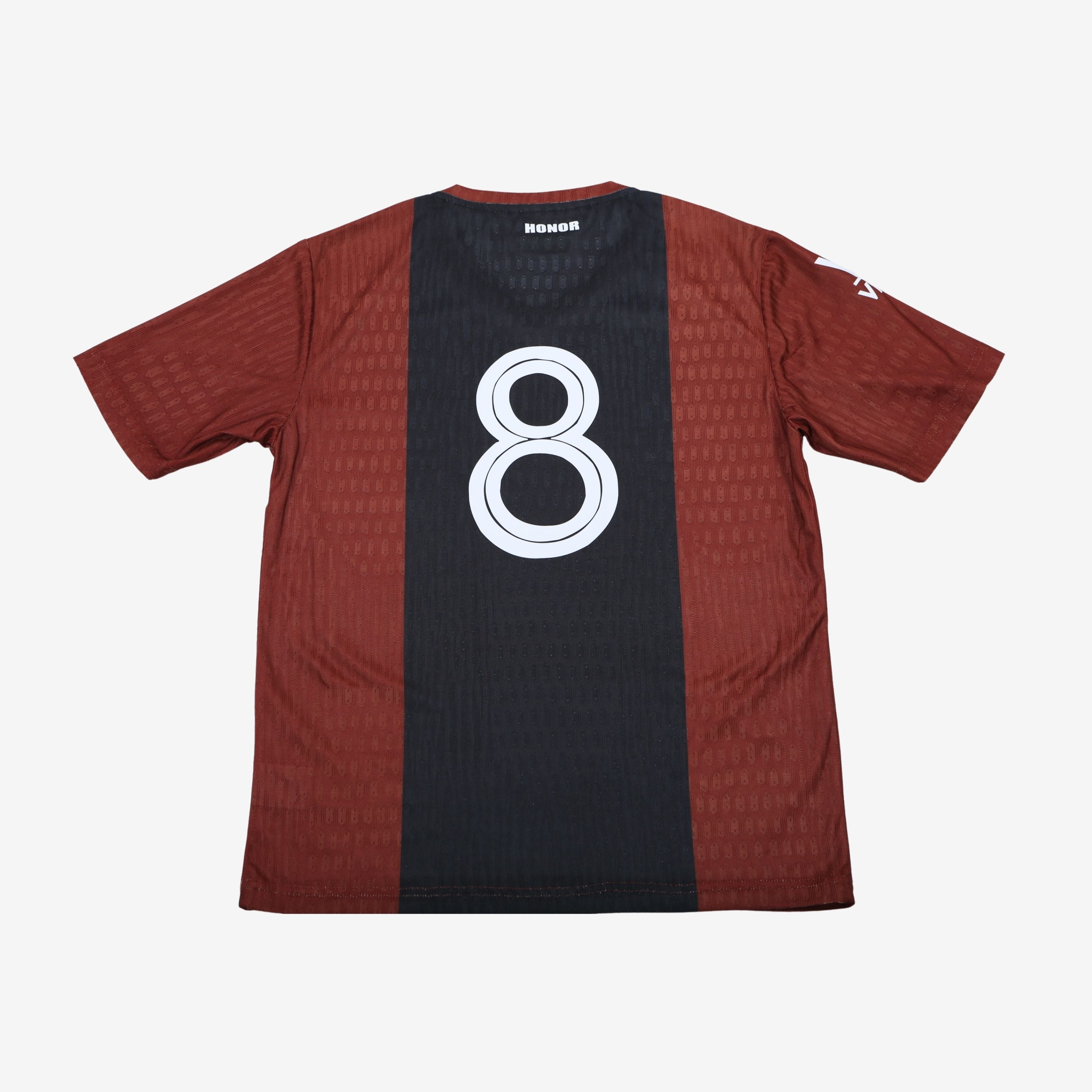 back view of maroon jersey with black strip
