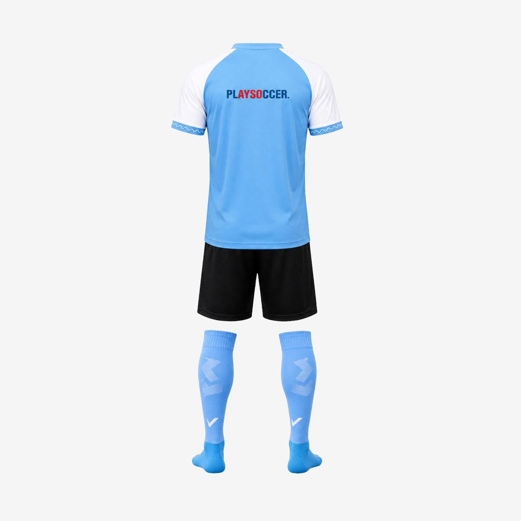blue jersey black shorts and blue socks