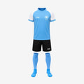 blue jersey with black shorts and blue socks