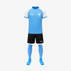 blue jersey with black shorts and blue socks