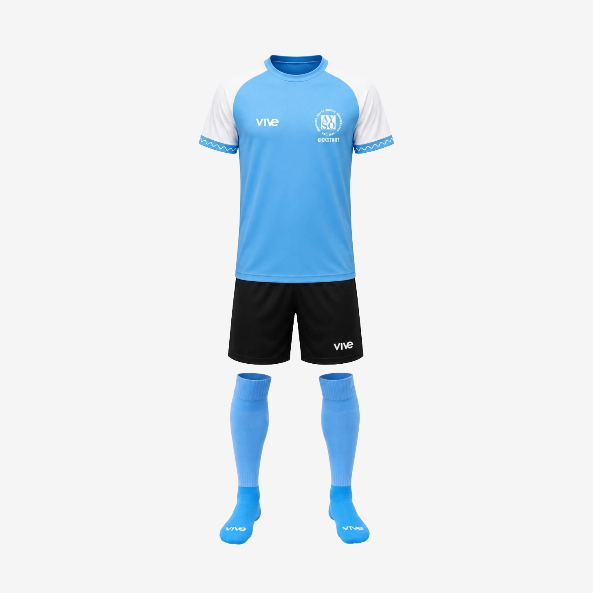 blue jersey with black shorts and blue socks