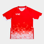 Red sports jersey with geometric pattern and 'Vive' branding on a white background