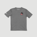 Gray t-shirt with a logo on the chest against a light gray background