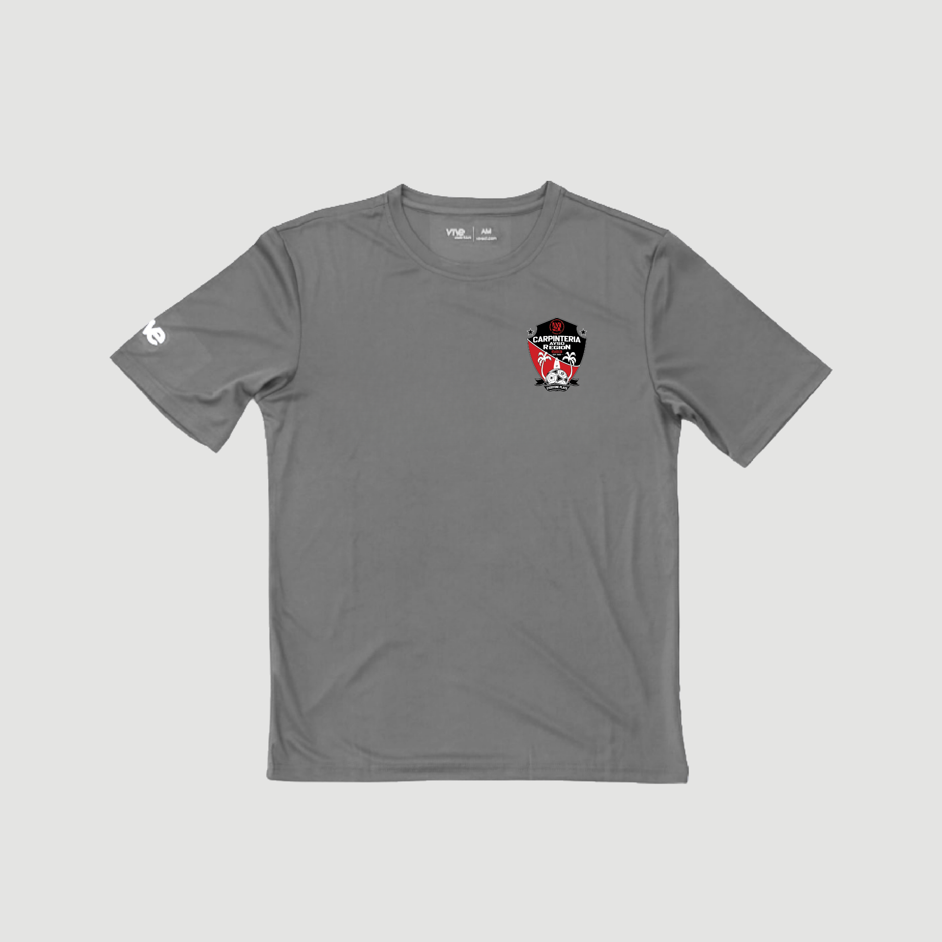 Gray t-shirt with a logo on the chest against a light gray background