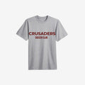 grey t shirt with maroon writing 