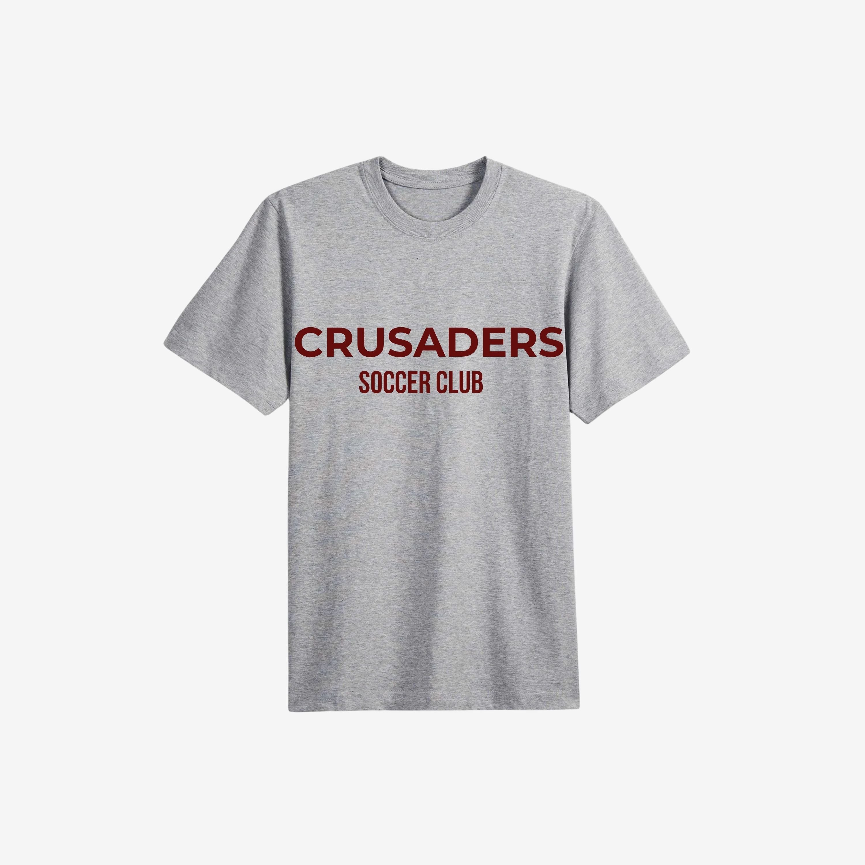grey t shirt with maroon writing 