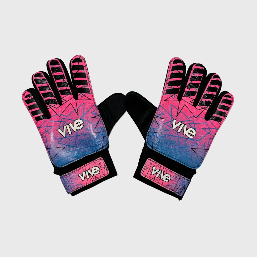 Pair of gloves with pink and blue design on a gray background