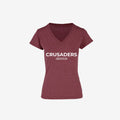 maroon V neck t shirt with white words
