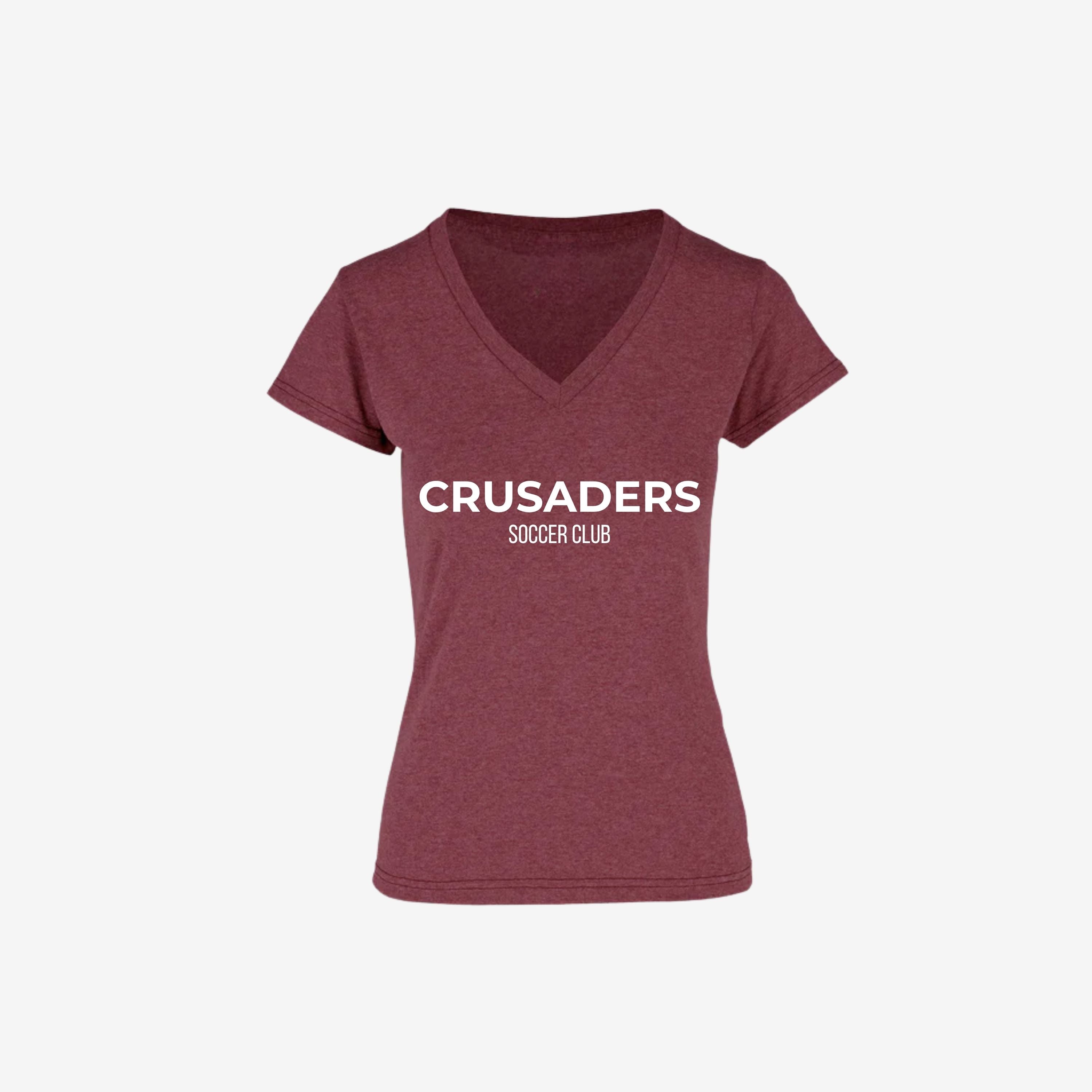 maroon V neck t shirt with white words