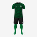 green jersey with black shorts and green socks