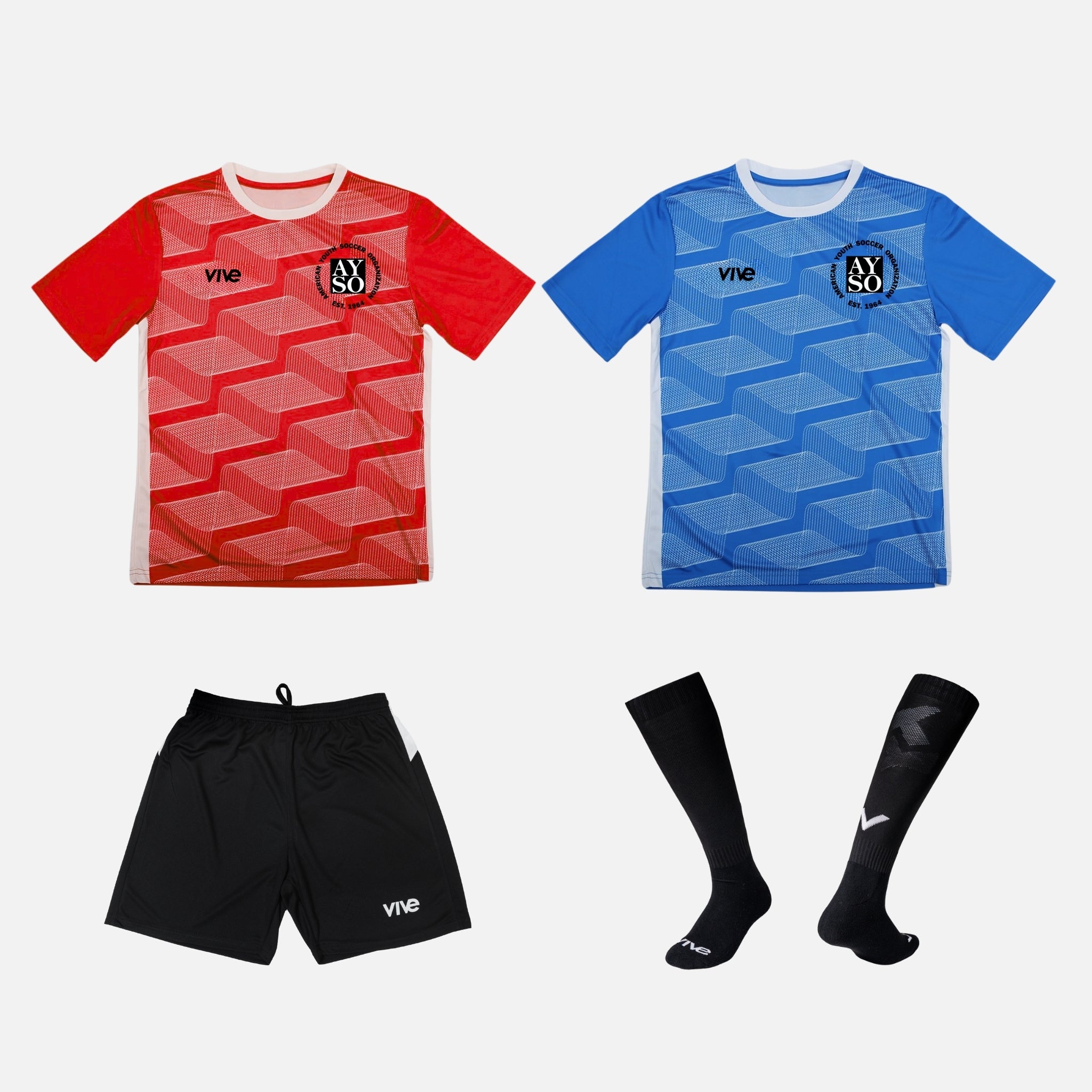 Soccer jersey, shorts, and socks set with red and blue designs on a white background