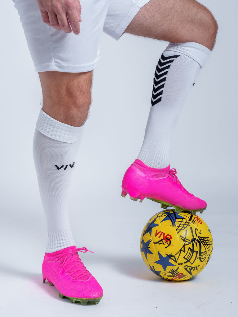 Superar Soccer Socks on Model with Ball side view - White with Black detail from VIVE
