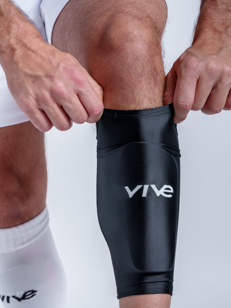 Victory Soccer Shin Guards View of Sleeves - Black color with White design from VIVE