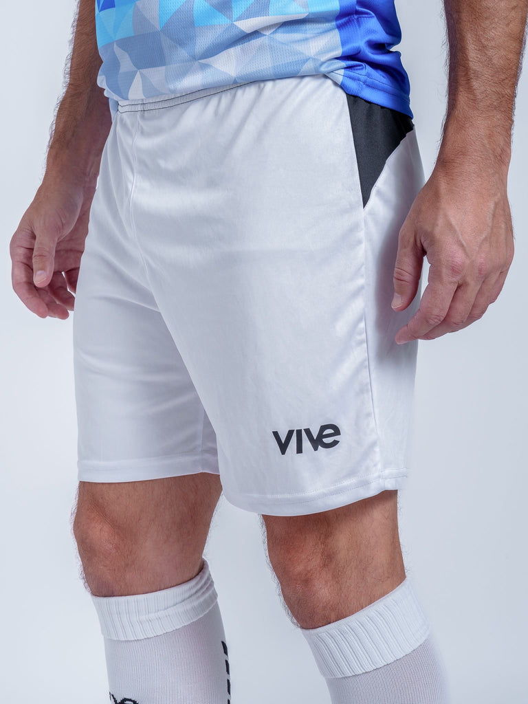 Victory Soccer Shorts on Model close up right side- White with Black Detail from VIVE