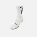 White sock with black text and patterns on a white background