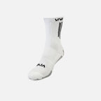 White sock with black text and patterns on a white background