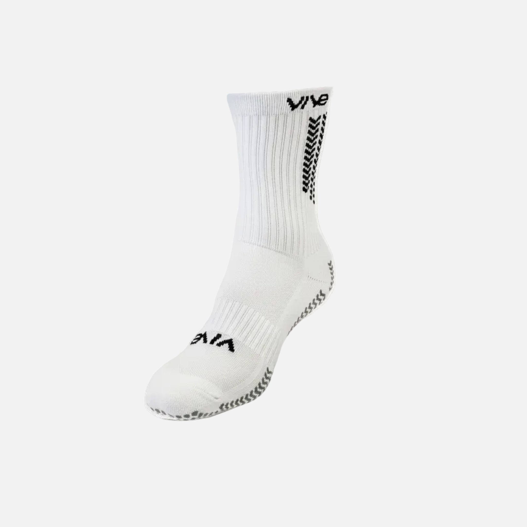 White sock with black text and patterns on a white background