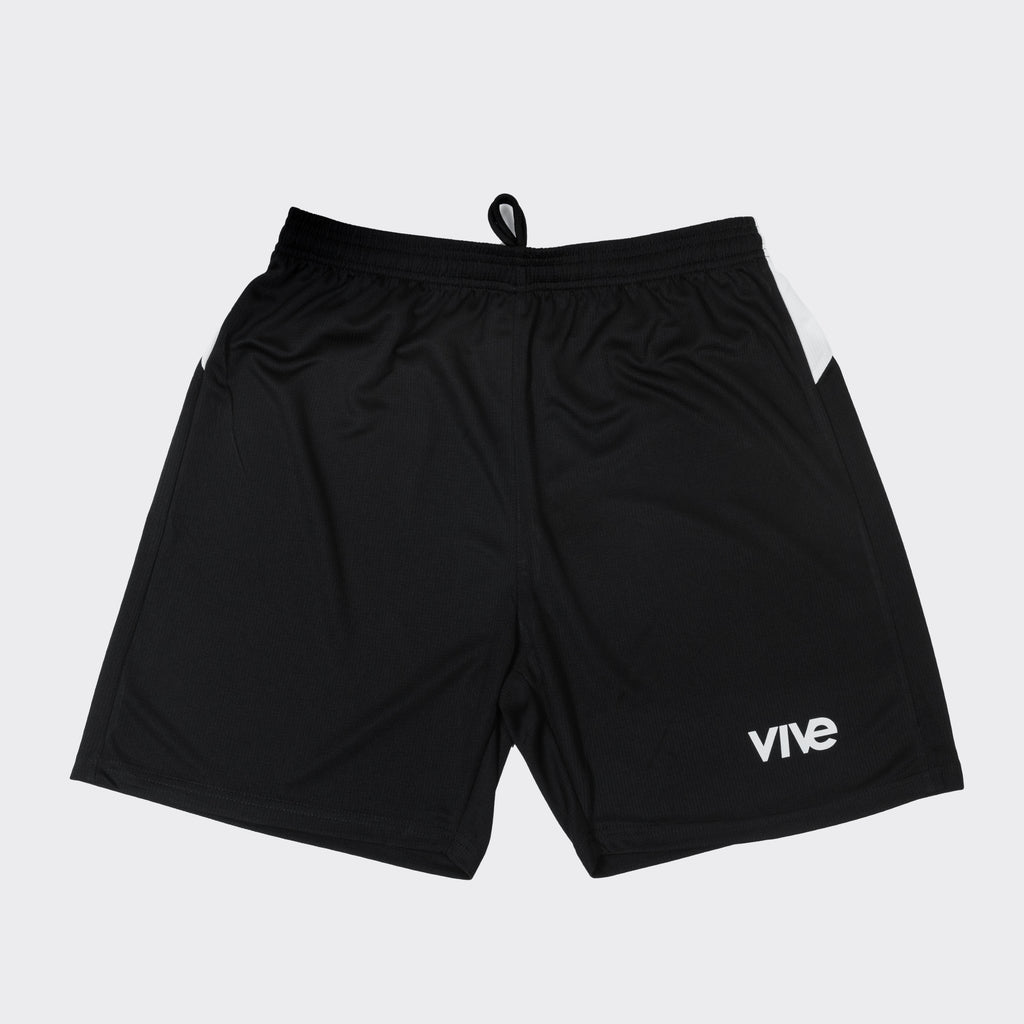 A pair of black athletic shorts with white trim and a logo on the left leg.