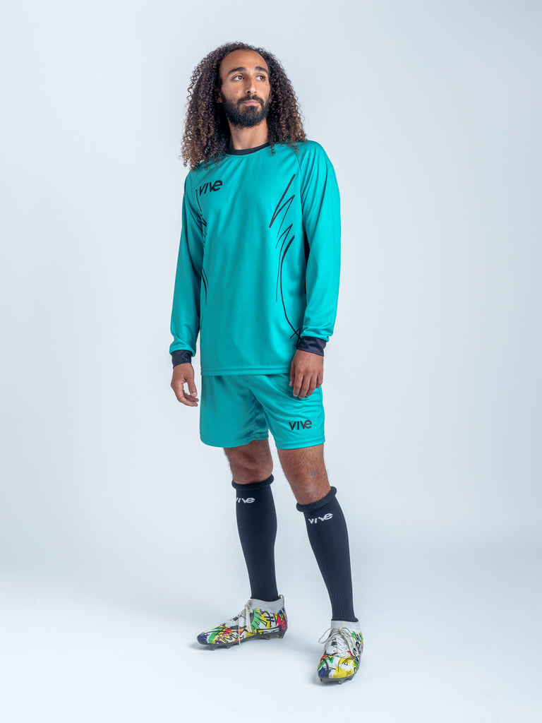 Espejo Soccer Goalie Jersey on Model Full Body - Teal Blue color with Black design from VIVE