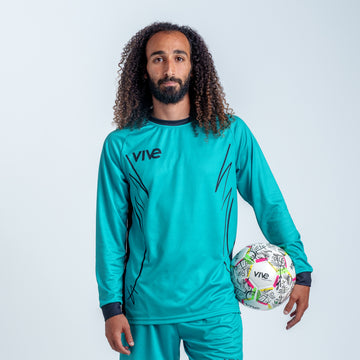 Espejo Soccer Goalie Jersey on Model - Teal Blue color with Black design from VIVE