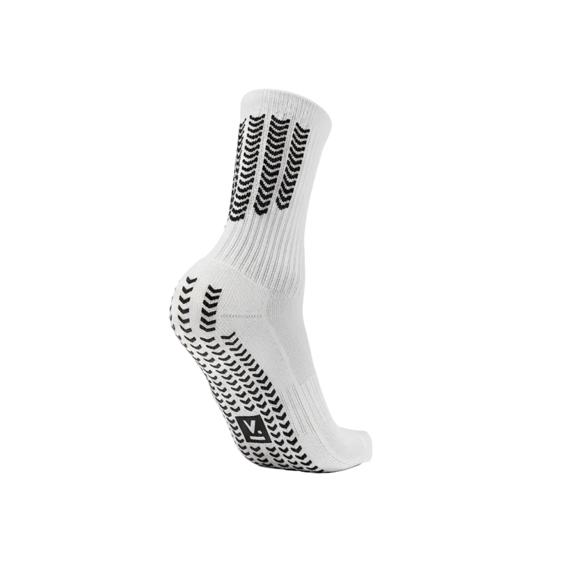 White sock with black textured sole on a white background