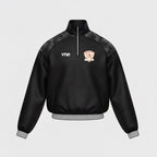 VIVE Create Future ASLA Quarter Zip Jacket in black with grey trim and geometric shoulder panels. Features a logo on the chest.