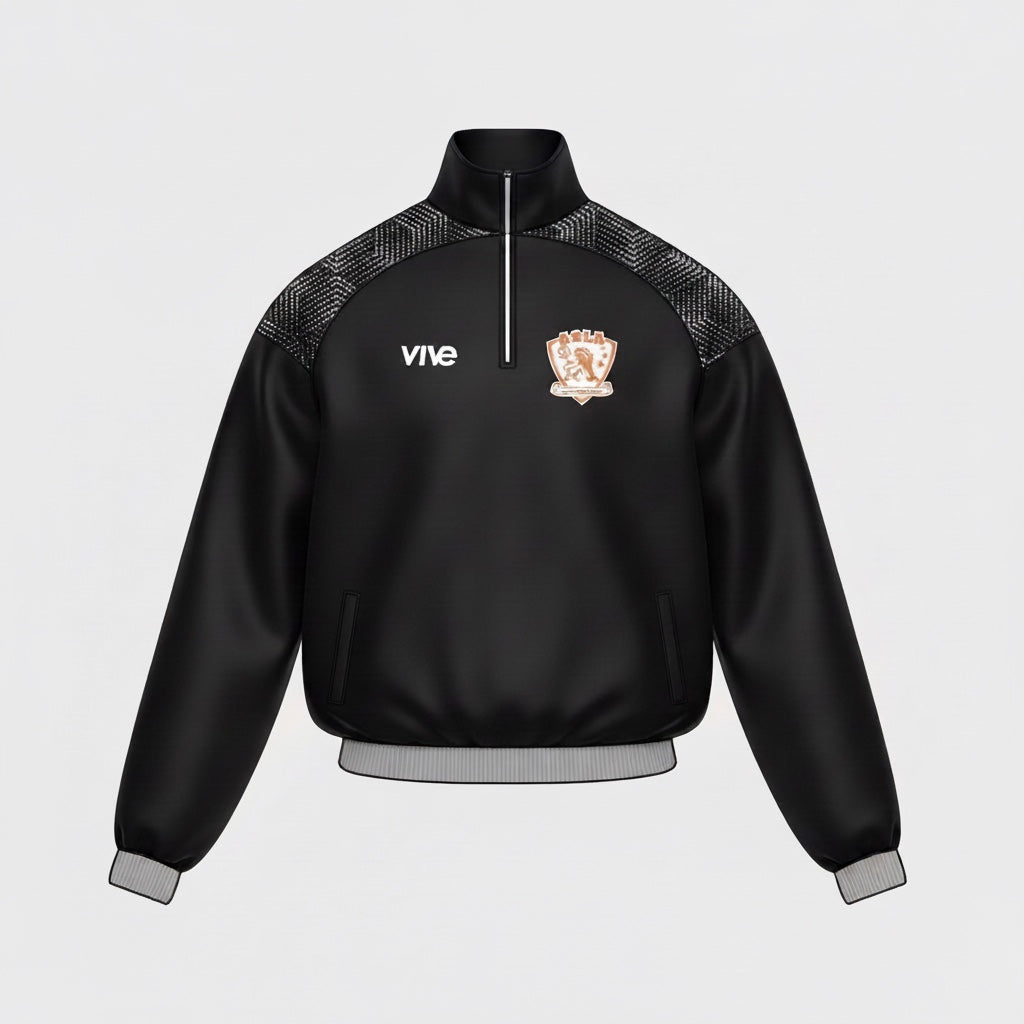 VIVE Create Future ASLA Quarter Zip Jacket in black with grey trim and geometric shoulder panels. Features a logo on the chest.