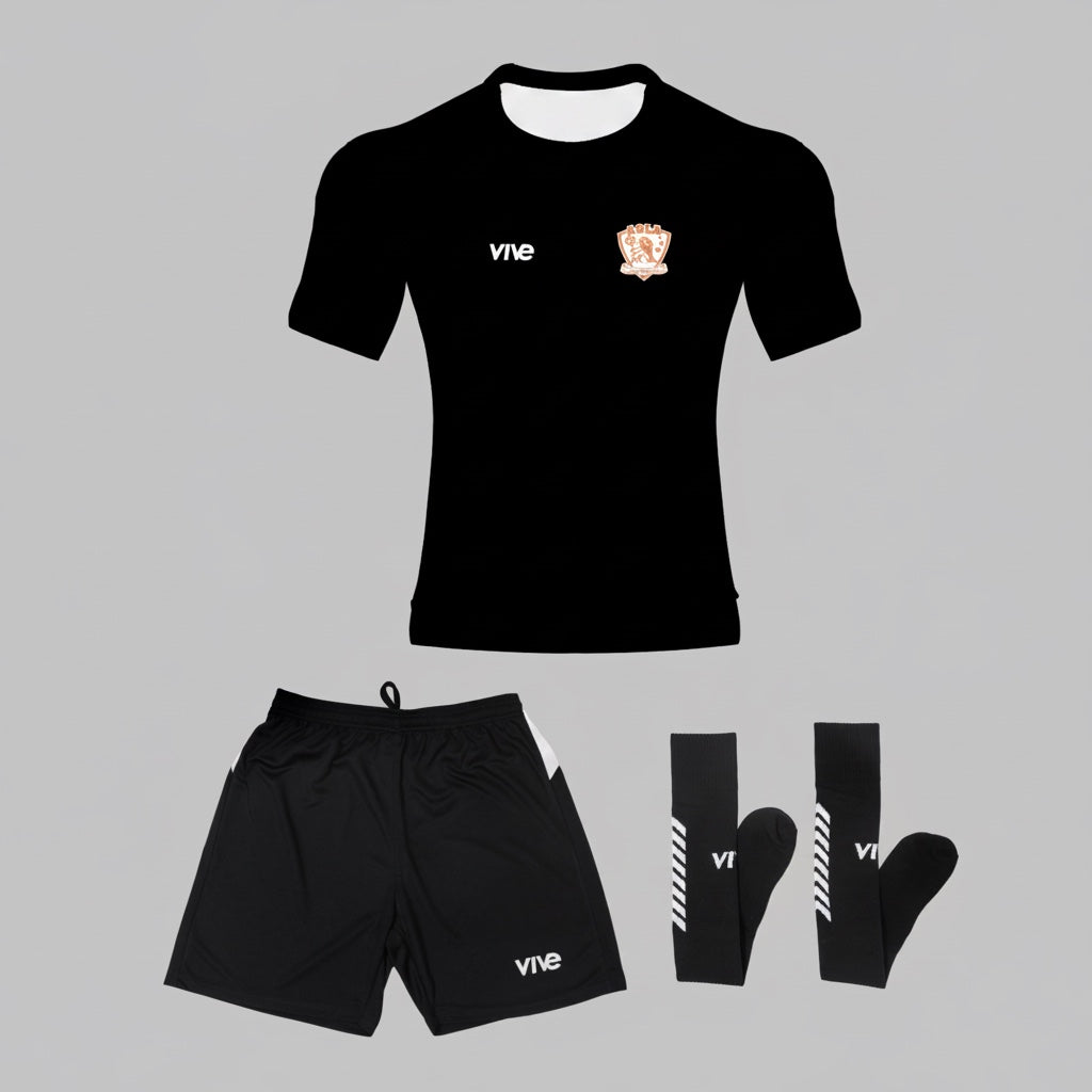 VIVE Create Future ASLA Training Kit: black jersey with orange logo, black shorts with white accents, and black socks with white stripes.