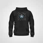 VIVE Create Future black cotton hoodie with a blue and white soccer crest and mountain skyline graphic.
