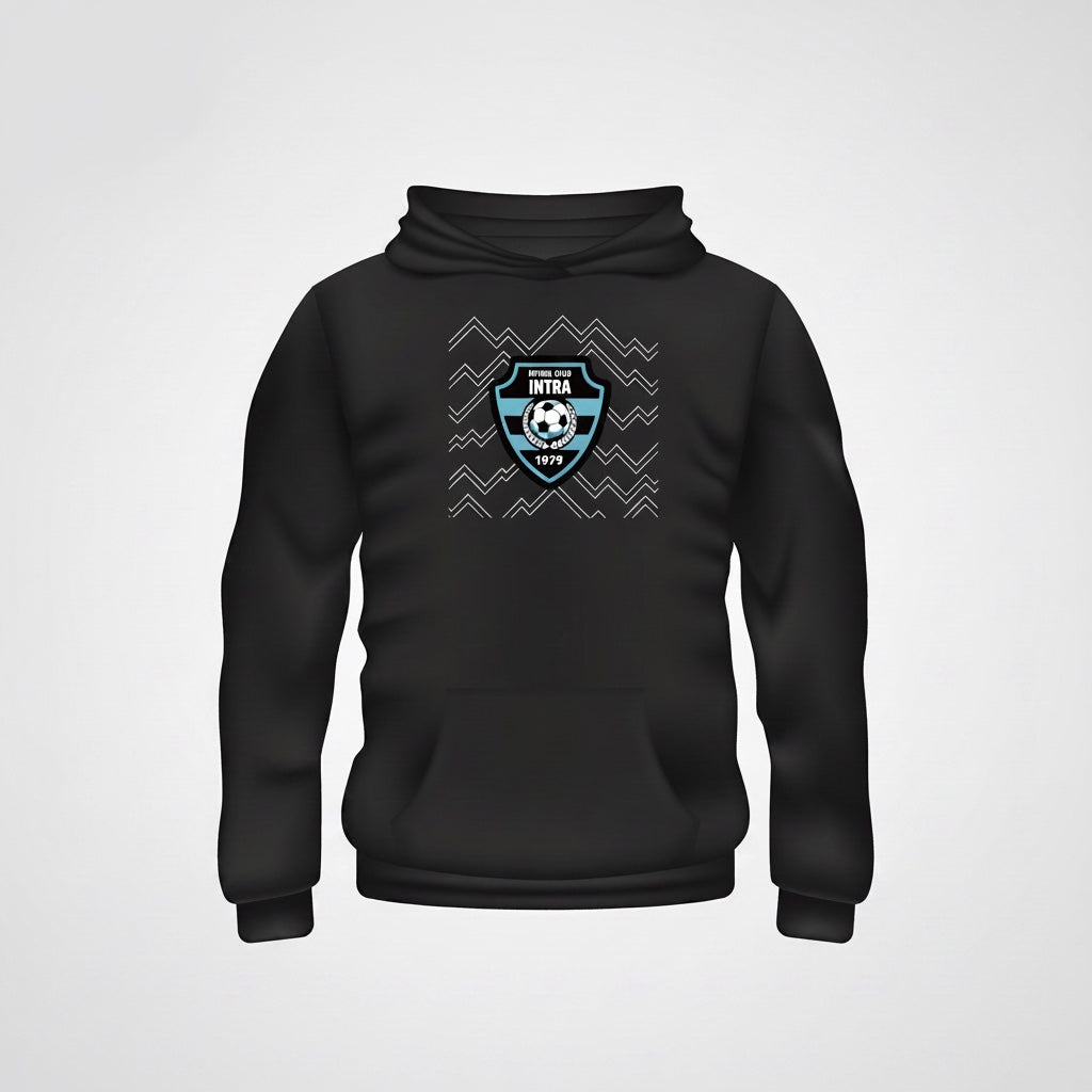 VIVE Create Future black cotton hoodie with a blue and white soccer crest and mountain skyline graphic.