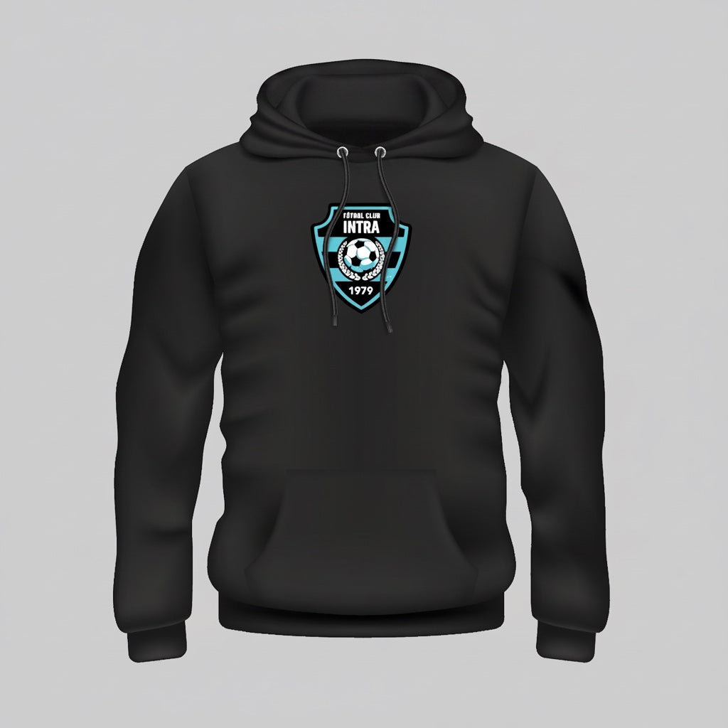 VIVE Create Future black cotton hoodie with Intra FC logo on chest. Features a drawstring hood and front pouch pocket.
