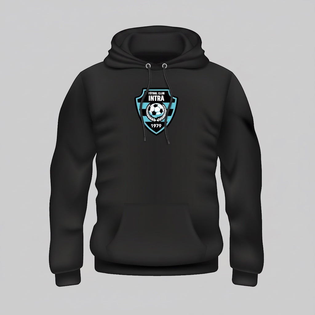 VIVE Create Future black cotton hoodie with Intra FC logo on chest. Features a drawstring hood and front pouch pocket.
