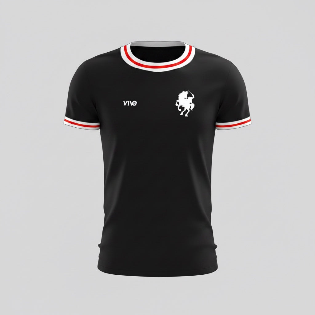 VIVE Create Future black polyester jersey with white horseman logo and red/white trim on sleeves and neck.