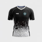 VIVE Create Future black and white geometric pattern soccer jersey with VIVE logo and team crest.