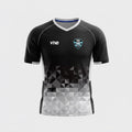 VIVE Create Future black and white geometric pattern soccer jersey with VIVE logo and team crest.