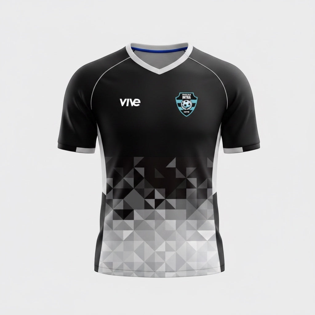 VIVE Create Future black and white geometric pattern soccer jersey with VIVE logo and team crest.